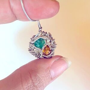 Natural Raw Emerald and Topaz‎ Gems Sterling pendant